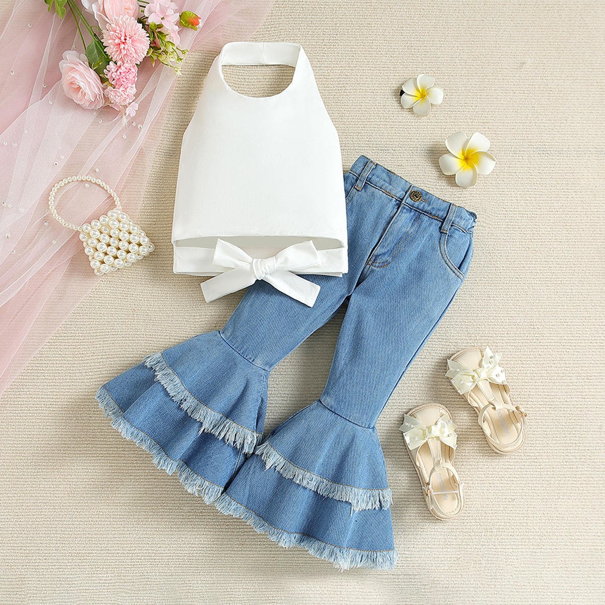 New Style Kids Boutique Casual Custom Printed Long Sleeves Polyester Cotton Baby Girls Clothing Set Blouse And Cowboy Pants