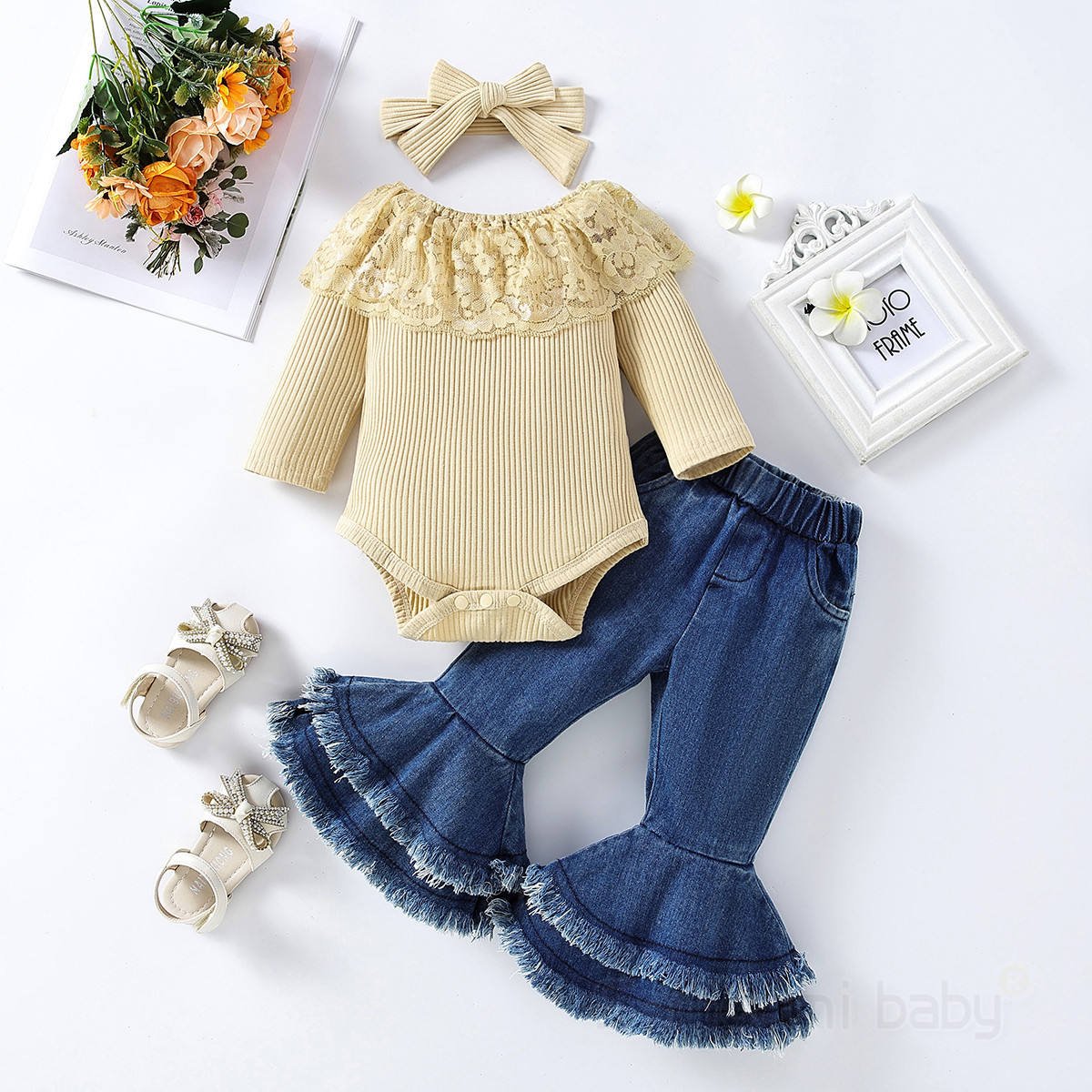 New Style Kids Boutique Casual Custom Printed Long Sleeves Polyester Cotton Baby Girls Clothing Set Blouse And Cowboy Pants
