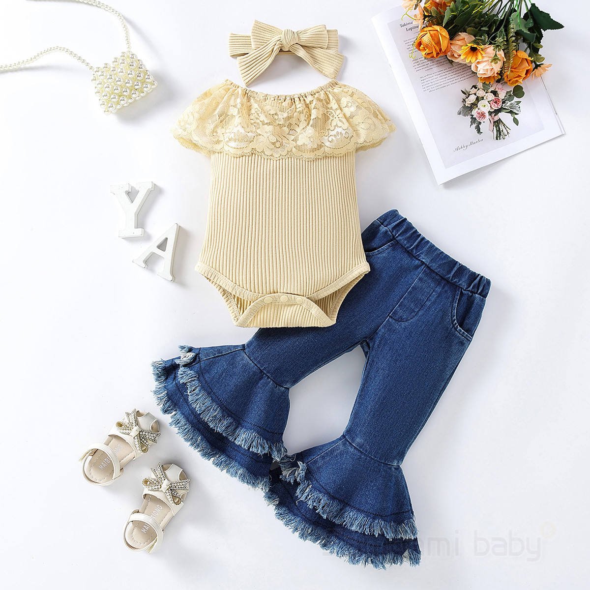 New Style Kids Boutique Casual Custom Printed Long Sleeves Polyester Cotton Baby Girls Clothing Set Blouse And Cowboy Pants
