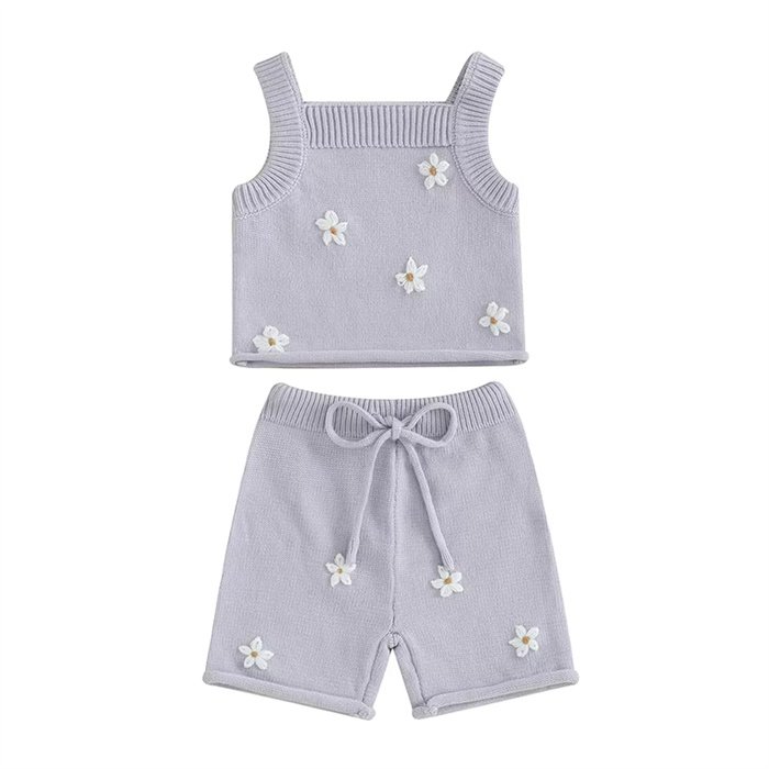 1PCS Private Label Wholesale Infant Clothes Crochet Flower Knit Set Top Shorts Baby Girls Clothing Knitted Outfits