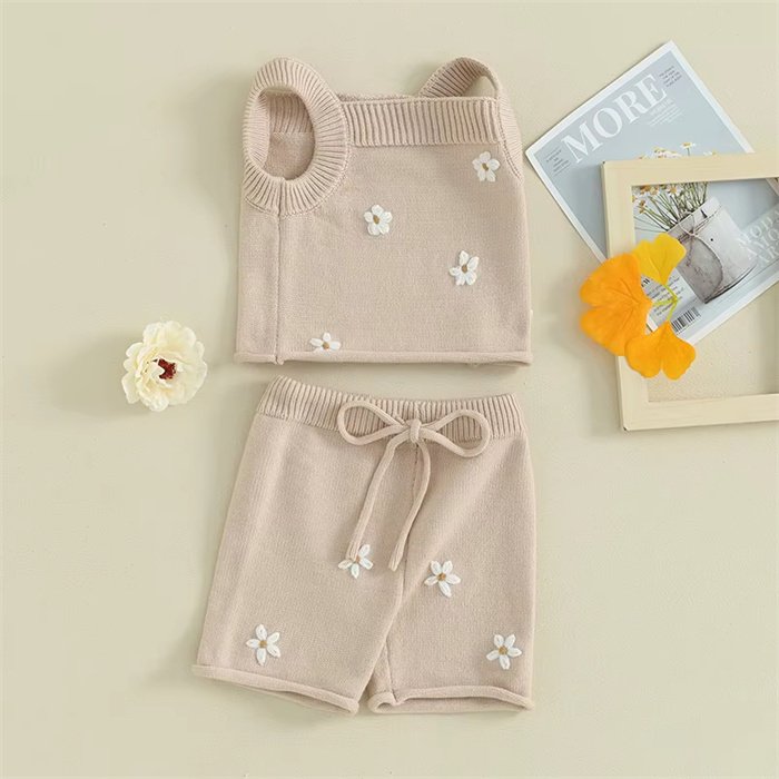 1PCS Private Label Wholesale Infant Clothes Crochet Flower Knit Set Top Shorts Baby Girls Clothing Knitted Outfits