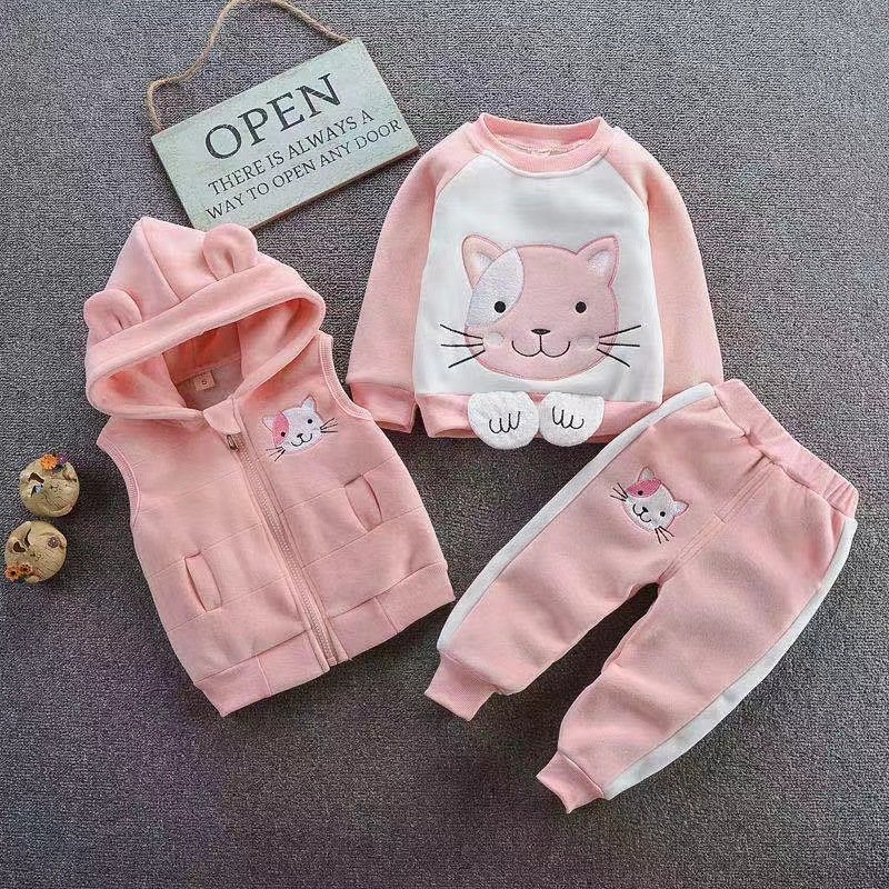 Factory Wholesale Cute Baby 1-4 Years Old Winter 3 Pieces Kids Suits Vest Coat Pants with Hoodie Boys Clothing Sets