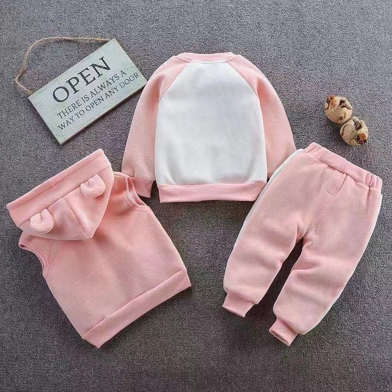 Factory Wholesale Cute Baby 1-4 Years Old Winter 3 Pieces Kids Suits Vest Coat Pants with Hoodie Boys Clothing Sets