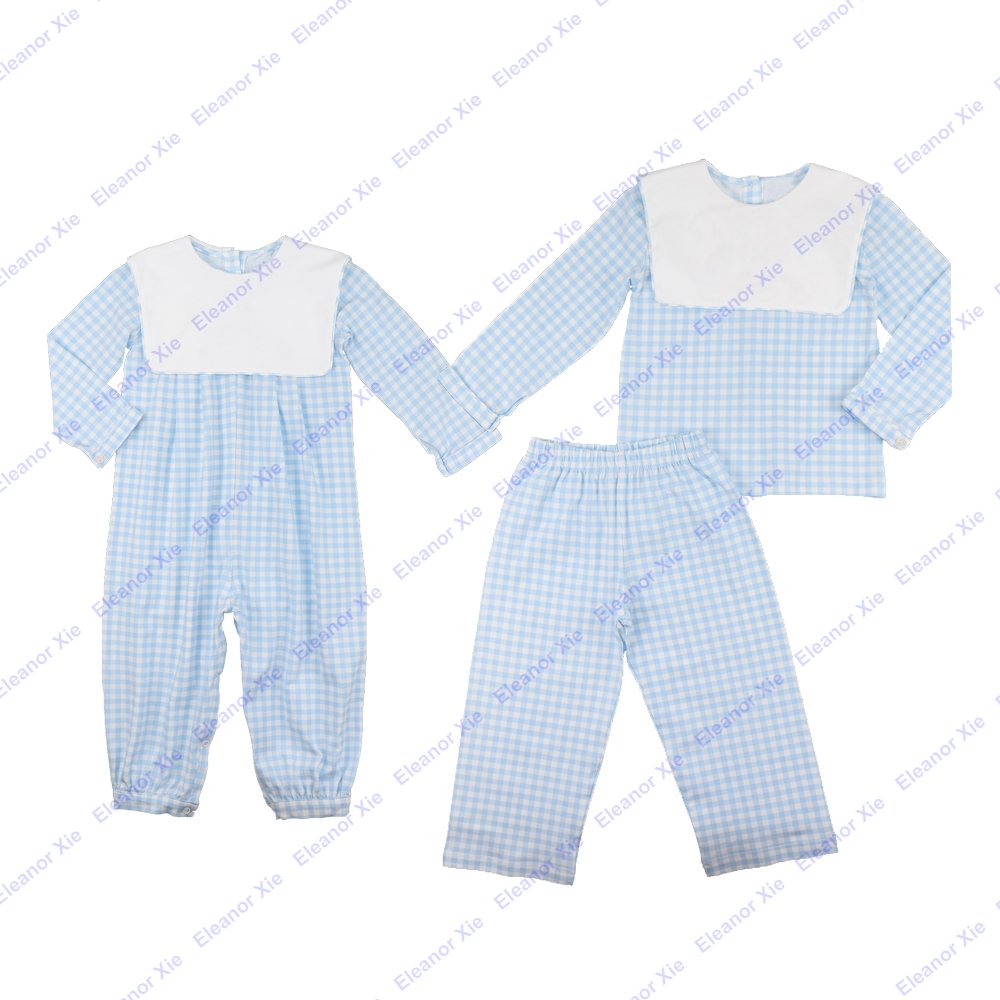 Boutique brothers matching light blue cotton knit striped cotton child boy pant clothes sets fall kids boys clothing for 2-12