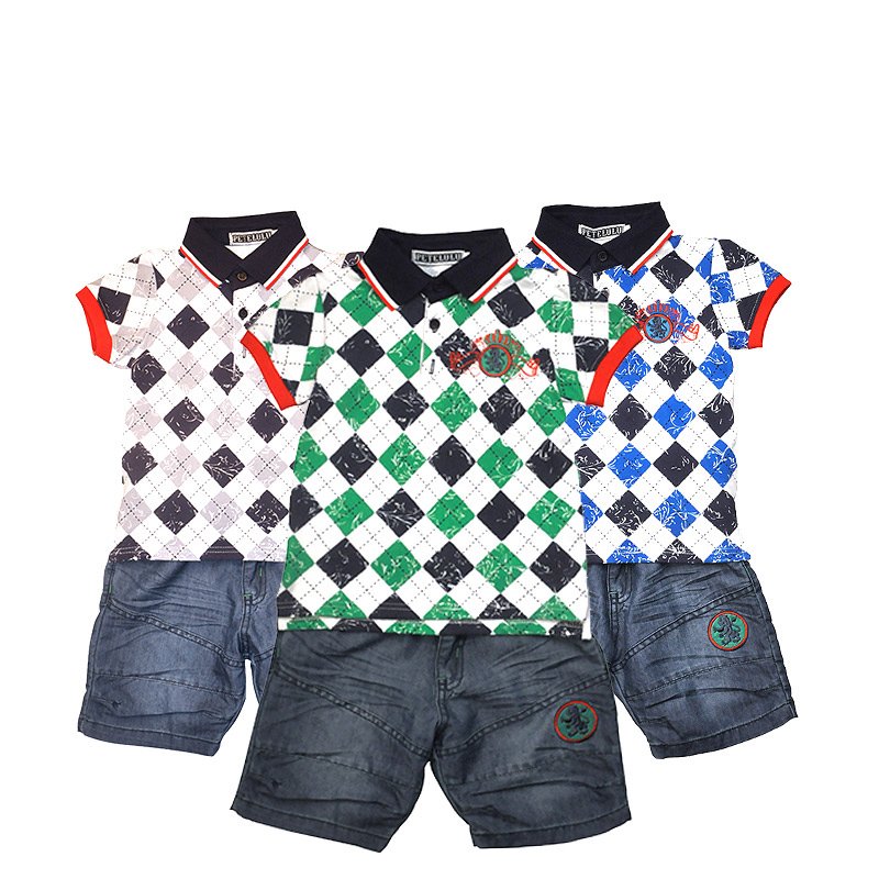 Wholesale 230g stand collar short sleeve polo T-shirt and jeans children's set on big sales cotton T-shirts for boys
