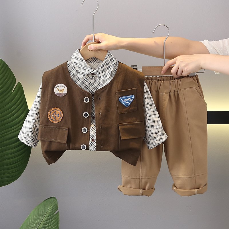 2024 Autum/Winter Boys' Cotton Three-Piece Set Casual Long Sleeve Top Suit Kids Plaid Shirt Waistcoat for Baby Boy Spring Winter