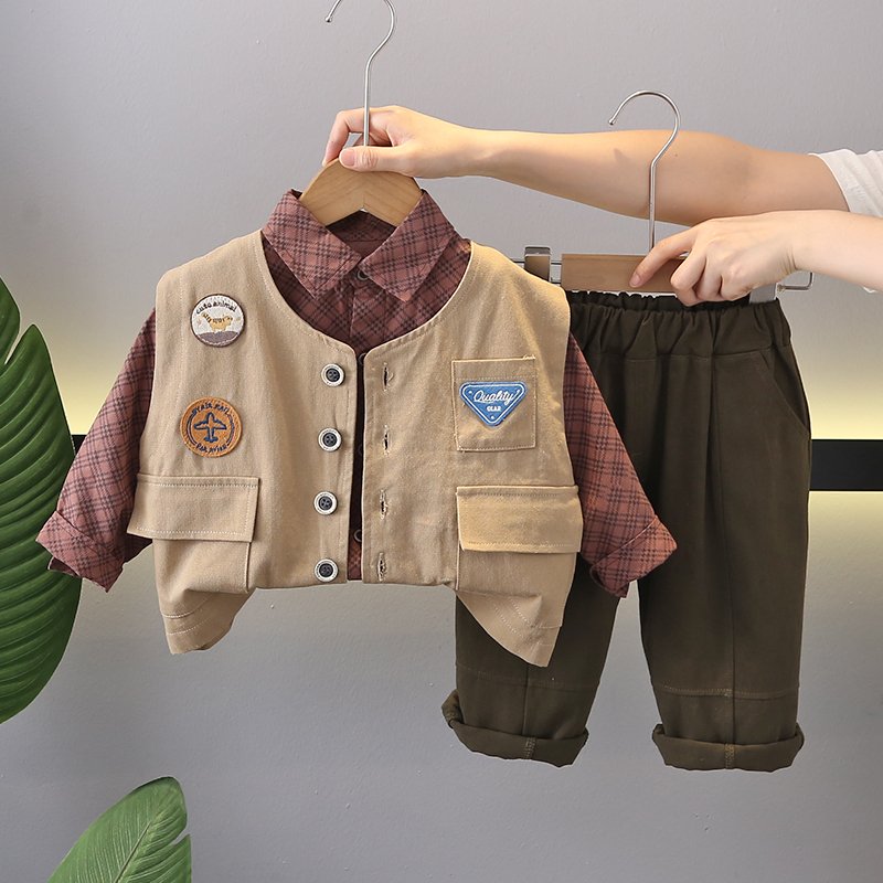 2024 Autum/Winter Boys' Cotton Three-Piece Set Casual Long Sleeve Top Suit Kids Plaid Shirt Waistcoat for Baby Boy Spring Winter
