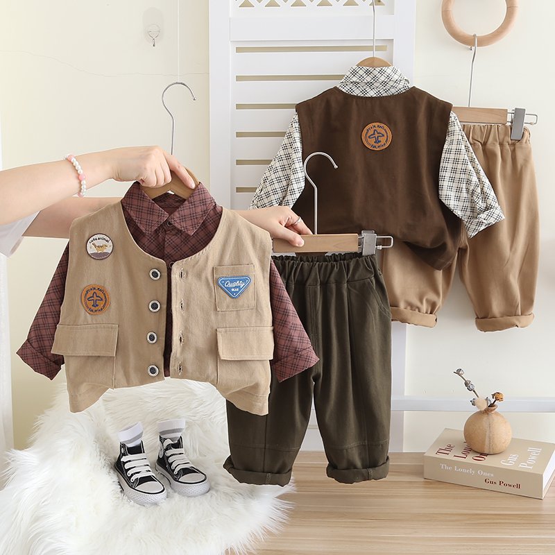 2024 Autum/Winter Boys' Cotton Three-Piece Set Casual Long Sleeve Top Suit Kids Plaid Shirt Waistcoat for Baby Boy Spring Winter