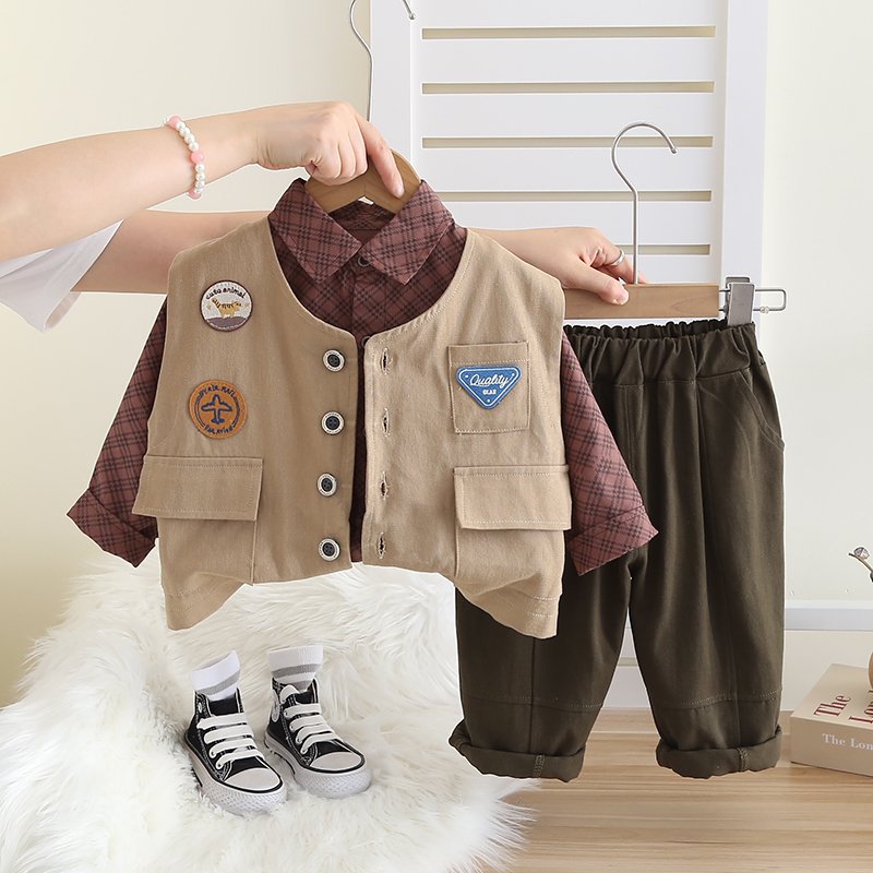 2024 Autum/Winter Boys' Cotton Three-Piece Set Casual Long Sleeve Top Suit Kids Plaid Shirt Waistcoat for Baby Boy Spring Winter
