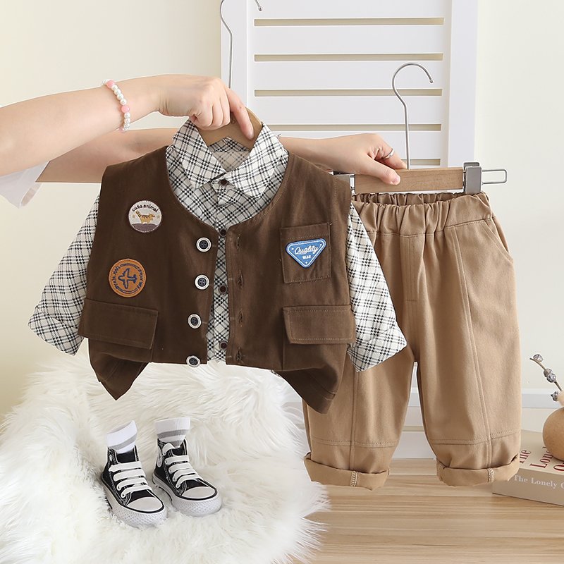 2024 Autum/Winter Boys' Cotton Three-Piece Set Casual Long Sleeve Top Suit Kids Plaid Shirt Waistcoat for Baby Boy Spring Winter