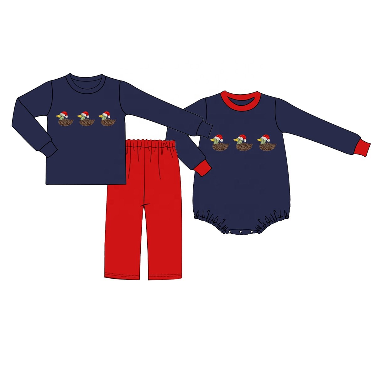 Kids boys Christmas smocked clothing toddler baby custom two piece pants set Santa embroidery cotton boutique outfits