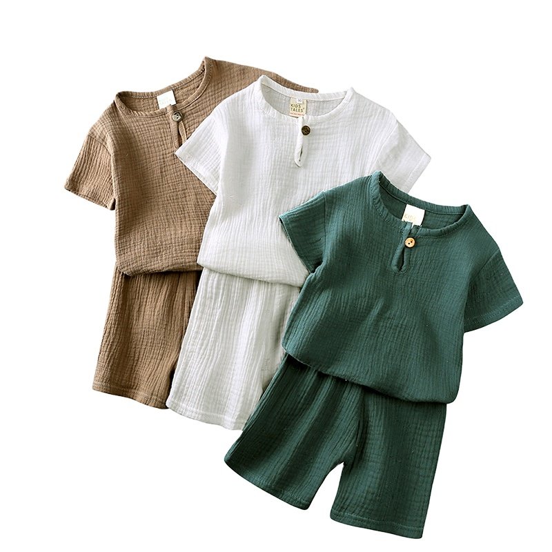 Rarewe Unisex Kids Clothing Set Crewneck Short Sleeve Shirts Shorts Plain Cotton Linen 2 Pieces Boys Girls Baby Sets For Summer