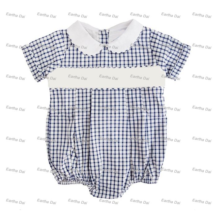 kids clothing wholesale woven cotton jon jon romper navy gingham summer bubble baby boy clothes sets