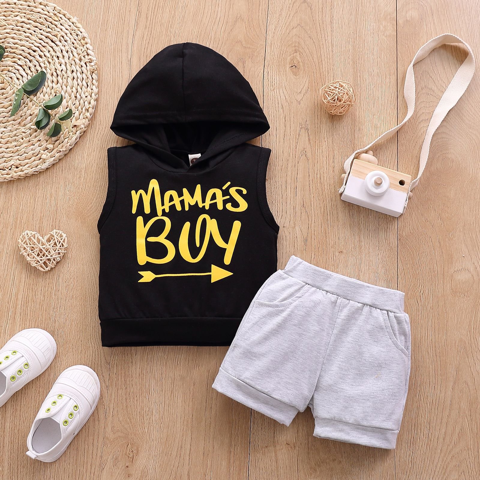 Boy's Cotton Sleeveless Hooded Vest with Explosion Print Dress Casual Style Baby Suit
