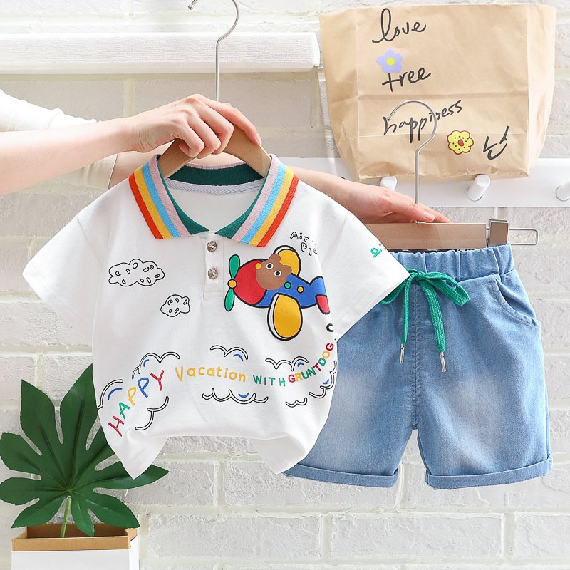 2023 summer hot sale baby clothes set boy clothes rainbow lapel T-shirt + denim shorts two-piece set wholesale good price