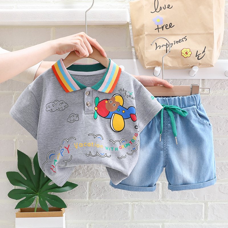 2023 summer hot sale baby clothes set boy clothes rainbow lapel T-shirt + denim shorts two-piece set wholesale good price
