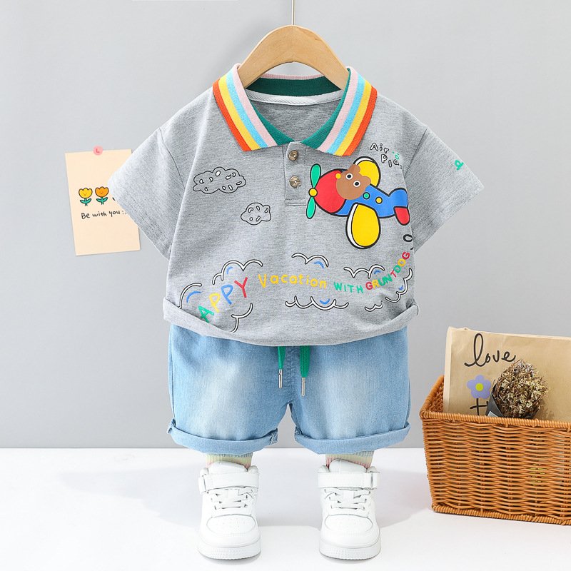 2023 summer hot sale baby clothes set boy clothes rainbow lapel T-shirt + denim shorts two-piece set wholesale good price