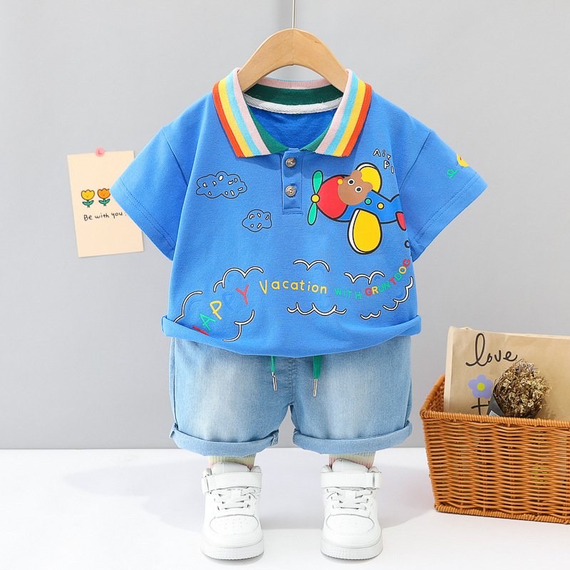 2023 summer hot sale baby clothes set boy clothes rainbow lapel T-shirt + denim shorts two-piece set wholesale good price