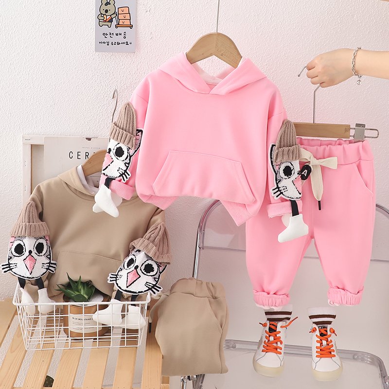 2024 Winter high quality kids jogging hoodie set toddler baby boys girls pullover pattern fleece sweatpants and hoodie suit