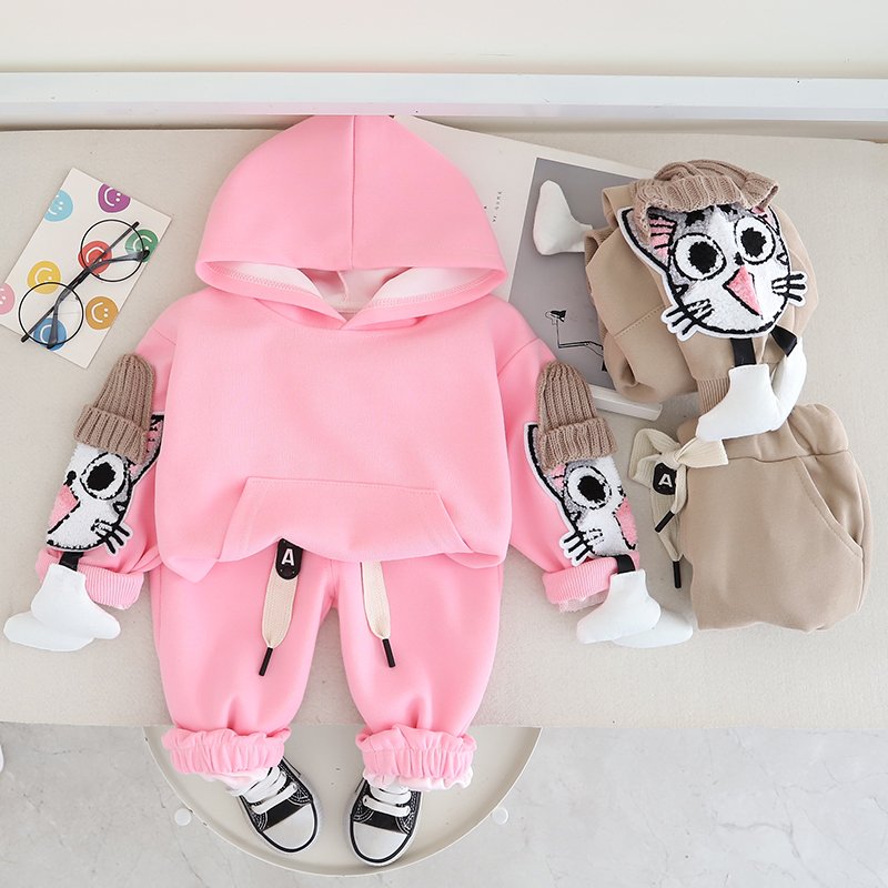 2024 Winter high quality kids jogging hoodie set toddler baby boys girls pullover pattern fleece sweatpants and hoodie suit