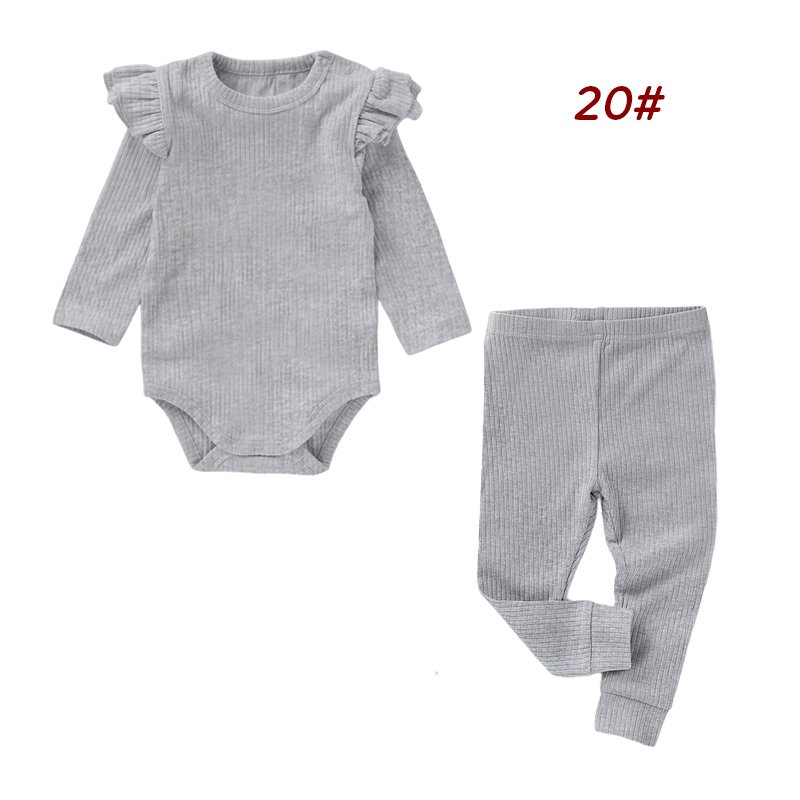 Newborn Baby Girls Solid Color Rib Knit Cotton Long Sleeve Jumpsuit Trousers Autumn Winter Baby Clothing Sets