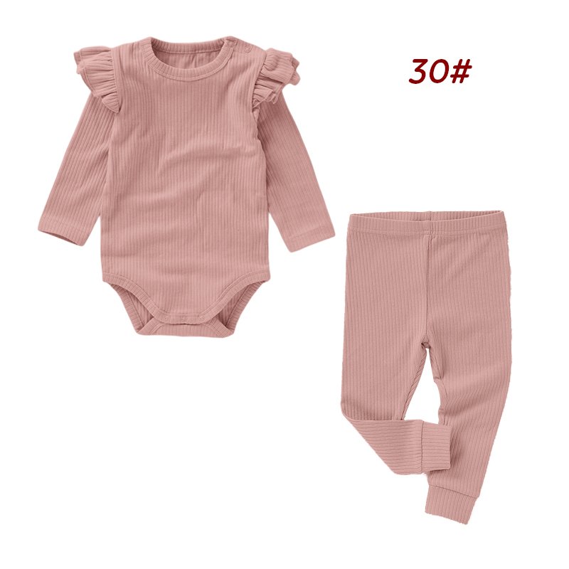 Newborn Baby Girls Solid Color Rib Knit Cotton Long Sleeve Jumpsuit Trousers Autumn Winter Baby Clothing Sets