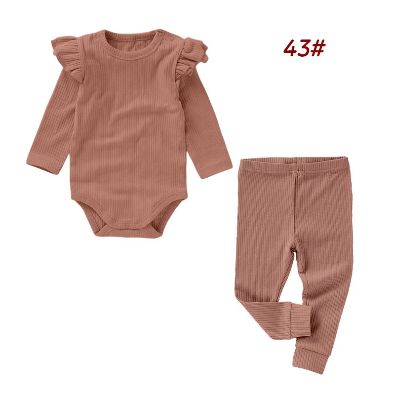 Newborn Baby Girls Solid Color Rib Knit Cotton Long Sleeve Jumpsuit Trousers Autumn Winter Baby Clothing Sets