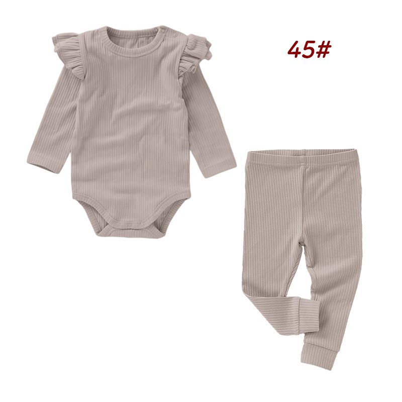 Newborn Baby Girls Solid Color Rib Knit Cotton Long Sleeve Jumpsuit Trousers Autumn Winter Baby Clothing Sets