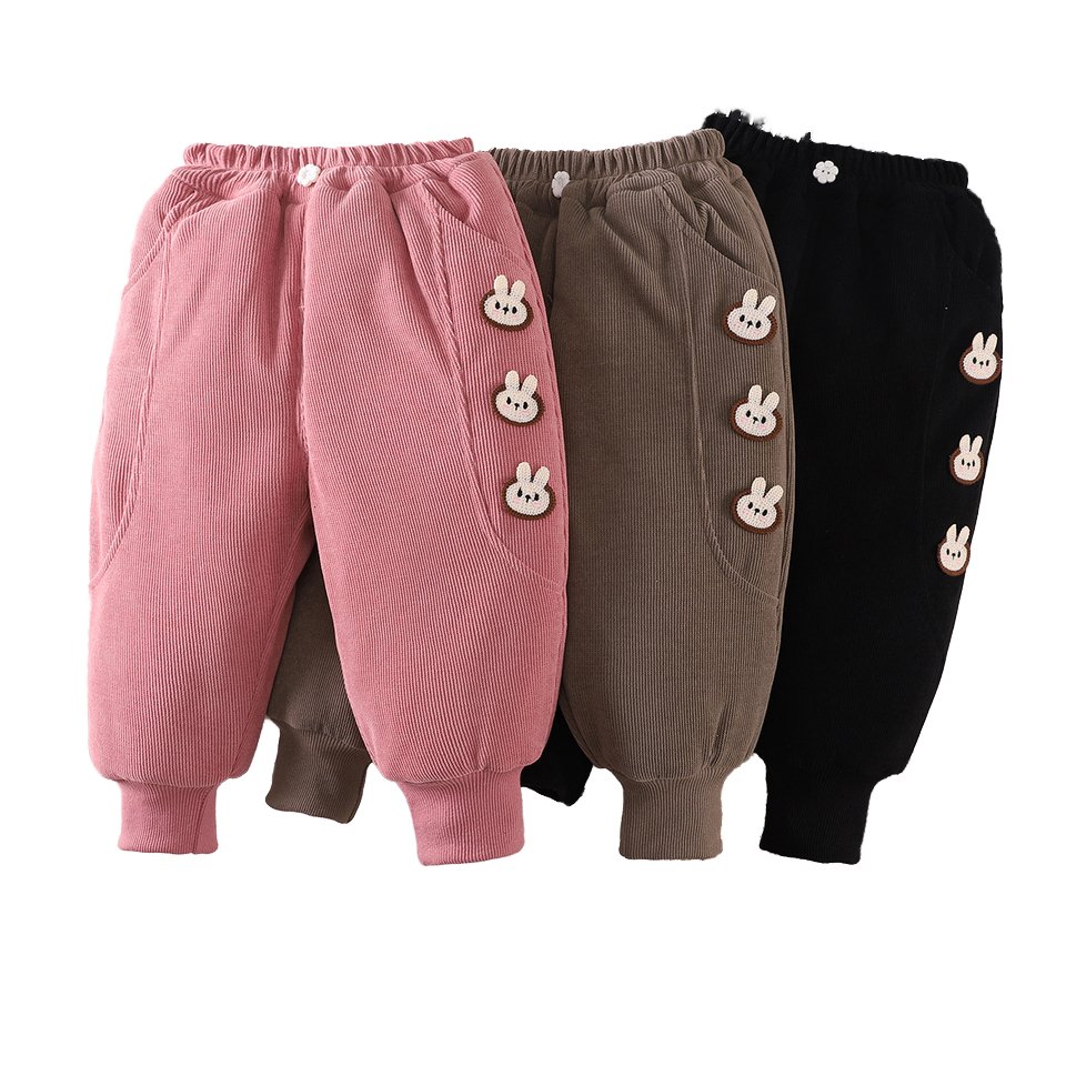 Girls and Boys Winter Casual Padded Pants Woolen Fabric Thick and Warm with Cute Cartoon Pattern Baby Winter Clothing Set