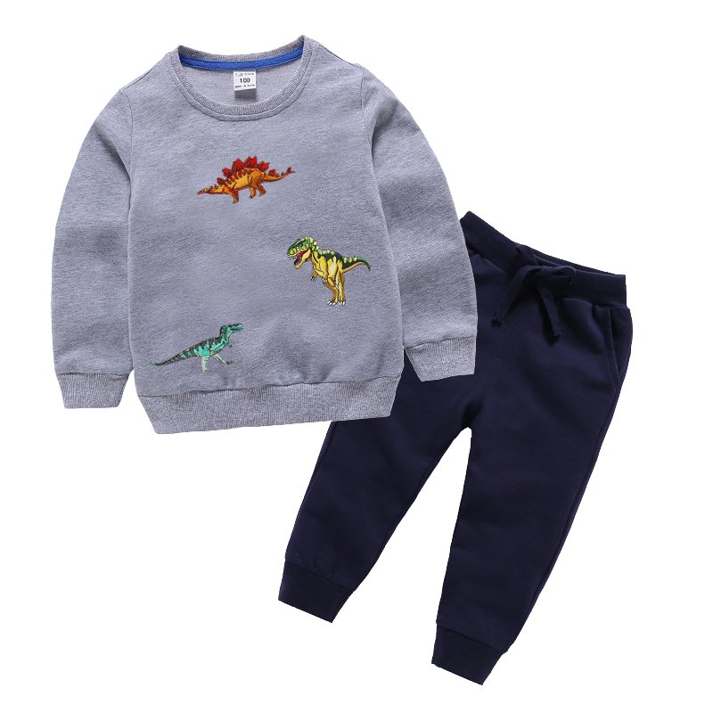 2024 wholesale solid plain dinosaur embroidery kids outfit set baby kids boys clothing set for fall