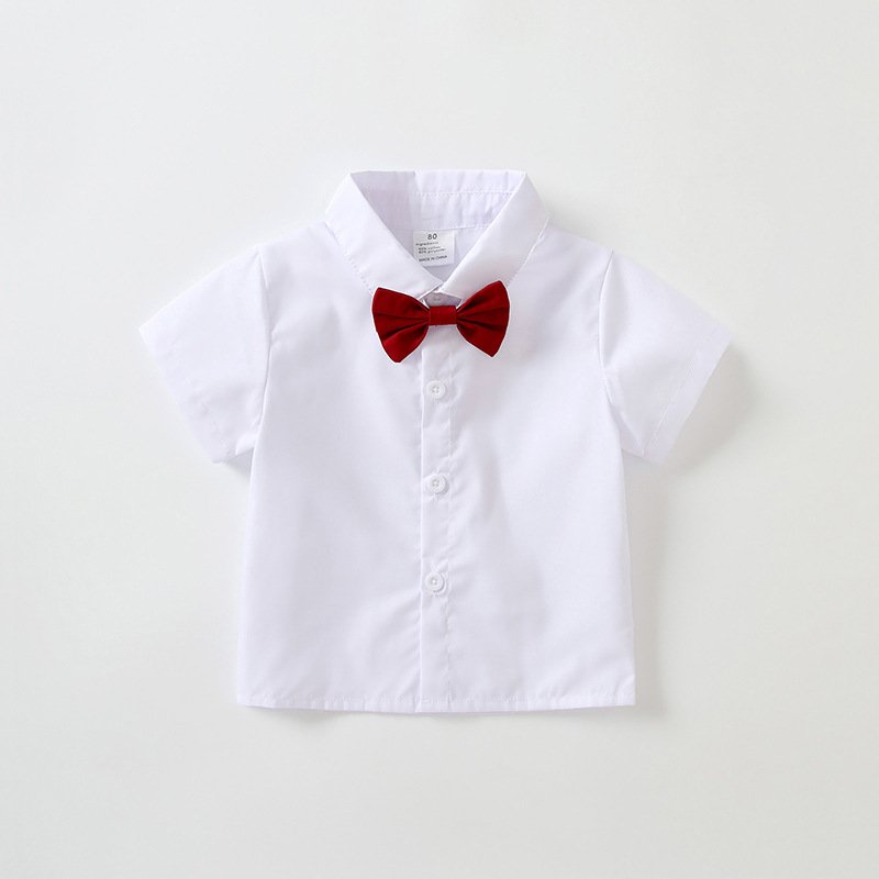 2024 Children's Short-Sleeved Dress Set White Shirt Red Overalls Children's Day costume British Style Boy Birthday Dress Set