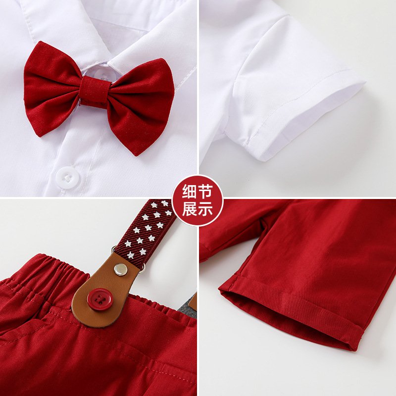 2024 Children's Short-Sleeved Dress Set White Shirt Red Overalls Children's Day costume British Style Boy Birthday Dress Set