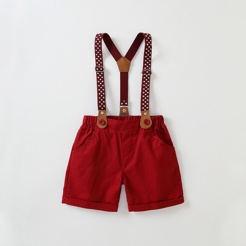 2024 Children's Short-Sleeved Dress Set White Shirt Red Overalls Children's Day costume British Style Boy Birthday Dress Set