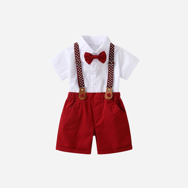 2024 Children's Short-Sleeved Dress Set White Shirt Red Overalls Children's Day costume British Style Boy Birthday Dress Set