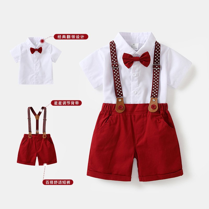 2024 Children's Short-Sleeved Dress Set White Shirt Red Overalls Children's Day costume British Style Boy Birthday Dress Set