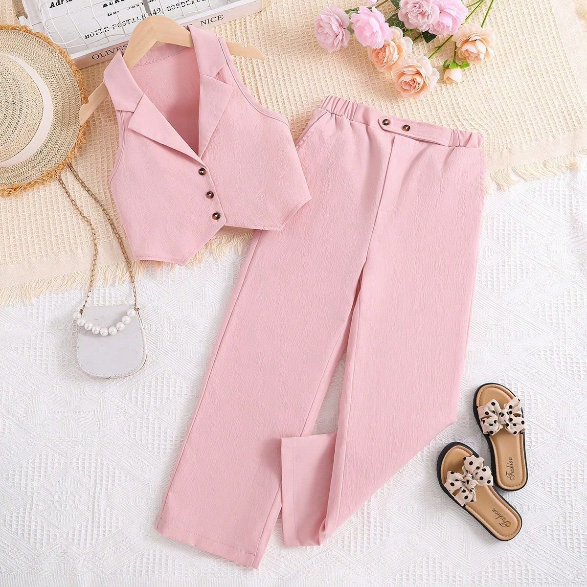new fashion suit style 4 colors sleeveless top+pants kids suit set girls 2 pieces clothing set for summer