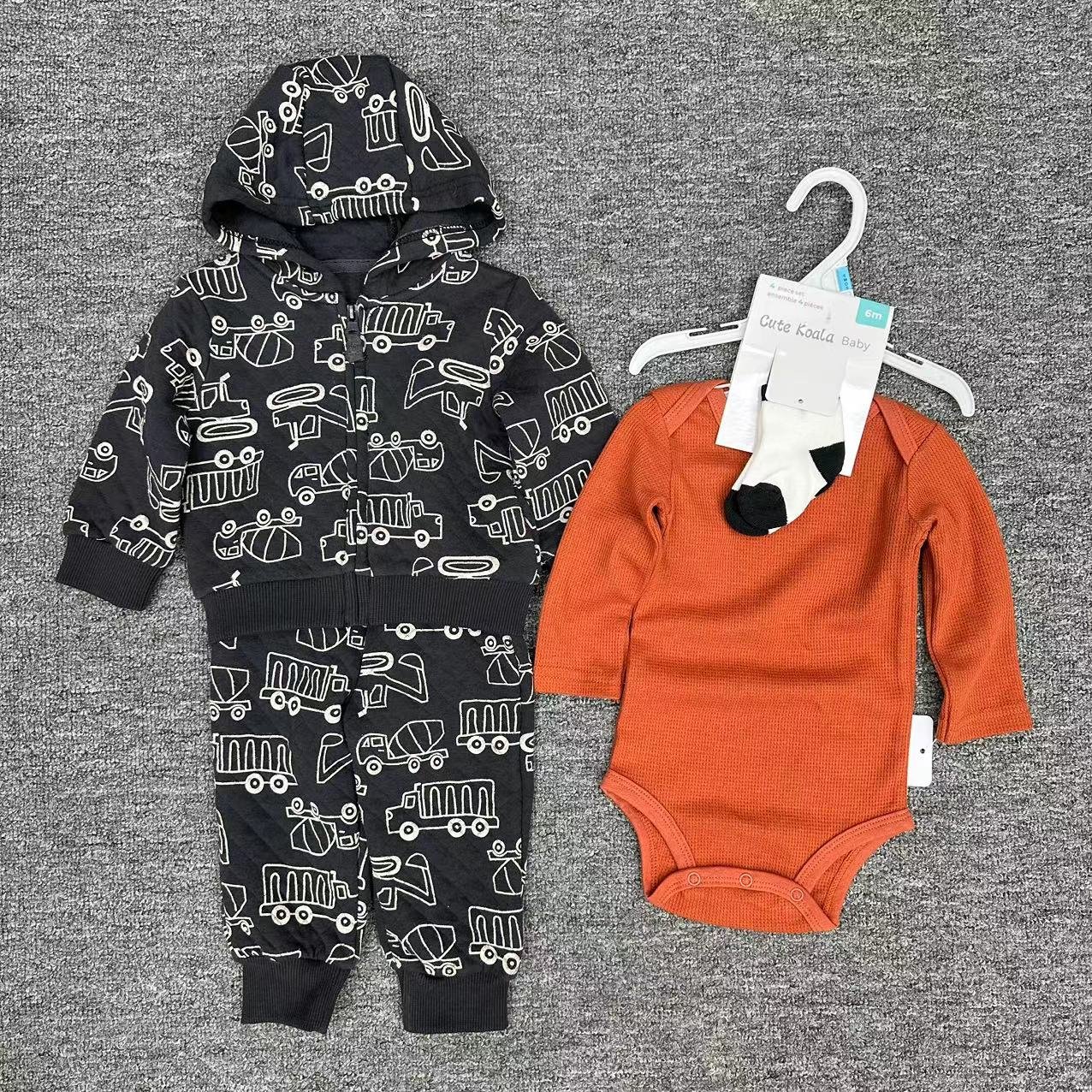 Winter 6-24 Month Infant Baby Boys Hoodie Top+Trousers+Socks+Bodysuit 4pcs Clothes Set Long Sleeve Thick Newborn Baby Set