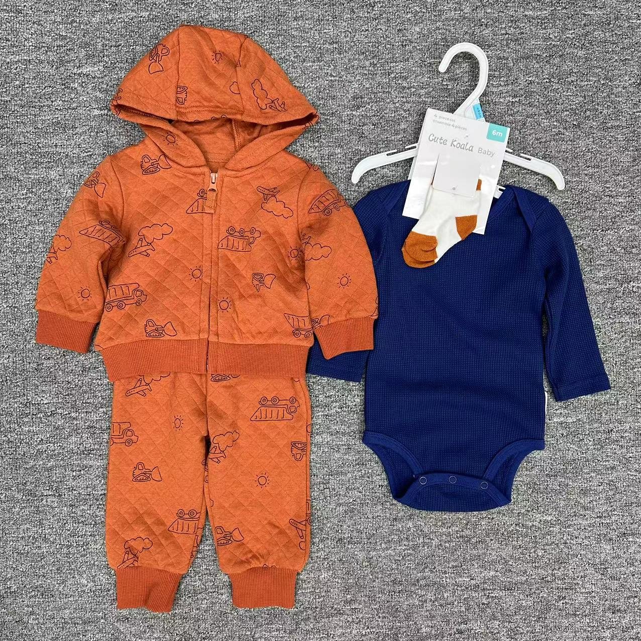 Winter 6-24 Month Infant Baby Boys Hoodie Top+Trousers+Socks+Bodysuit 4pcs Clothes Set Long Sleeve Thick Newborn Baby Set