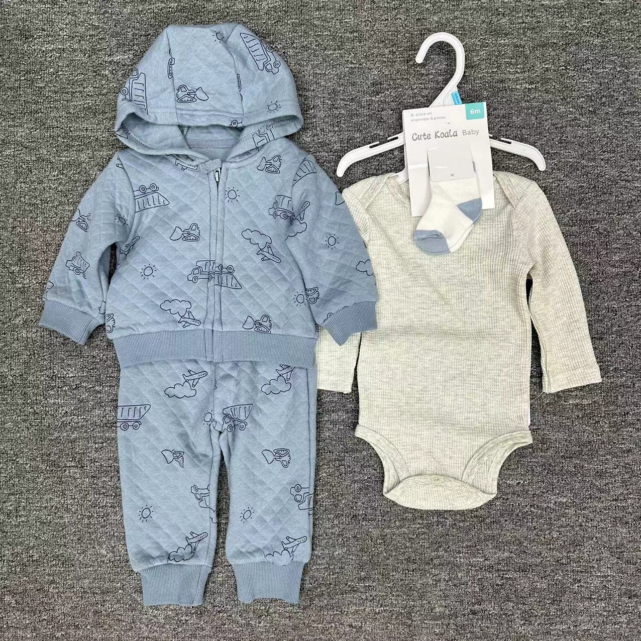 Winter 6-24 Month Infant Baby Boys Hoodie Top+Trousers+Socks+Bodysuit 4pcs Clothes Set Long Sleeve Thick Newborn Baby Set