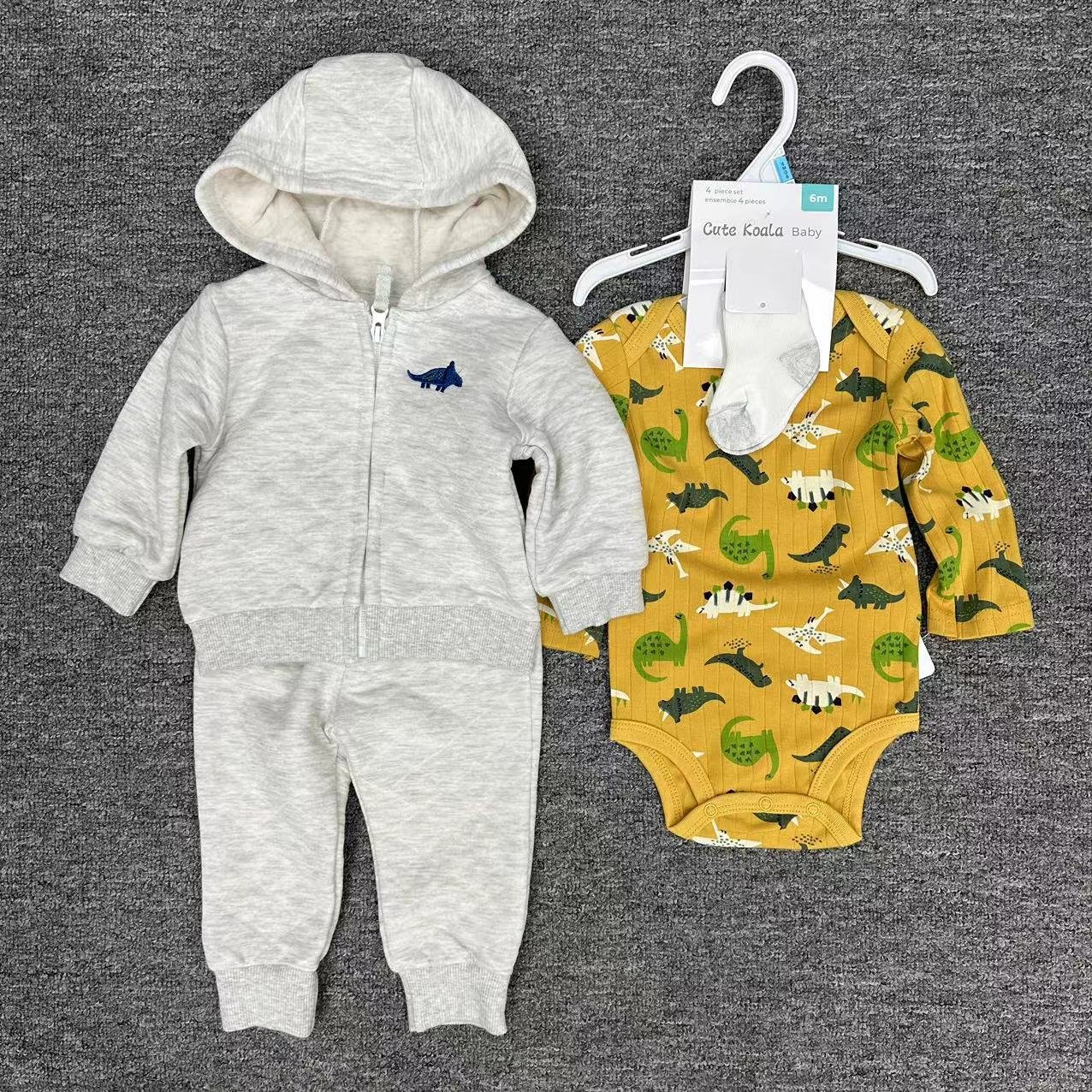 Winter 6-24 Month Infant Baby Boys Hoodie Top+Trousers+Socks+Bodysuit 4pcs Clothes Set Long Sleeve Thick Newborn Baby Set