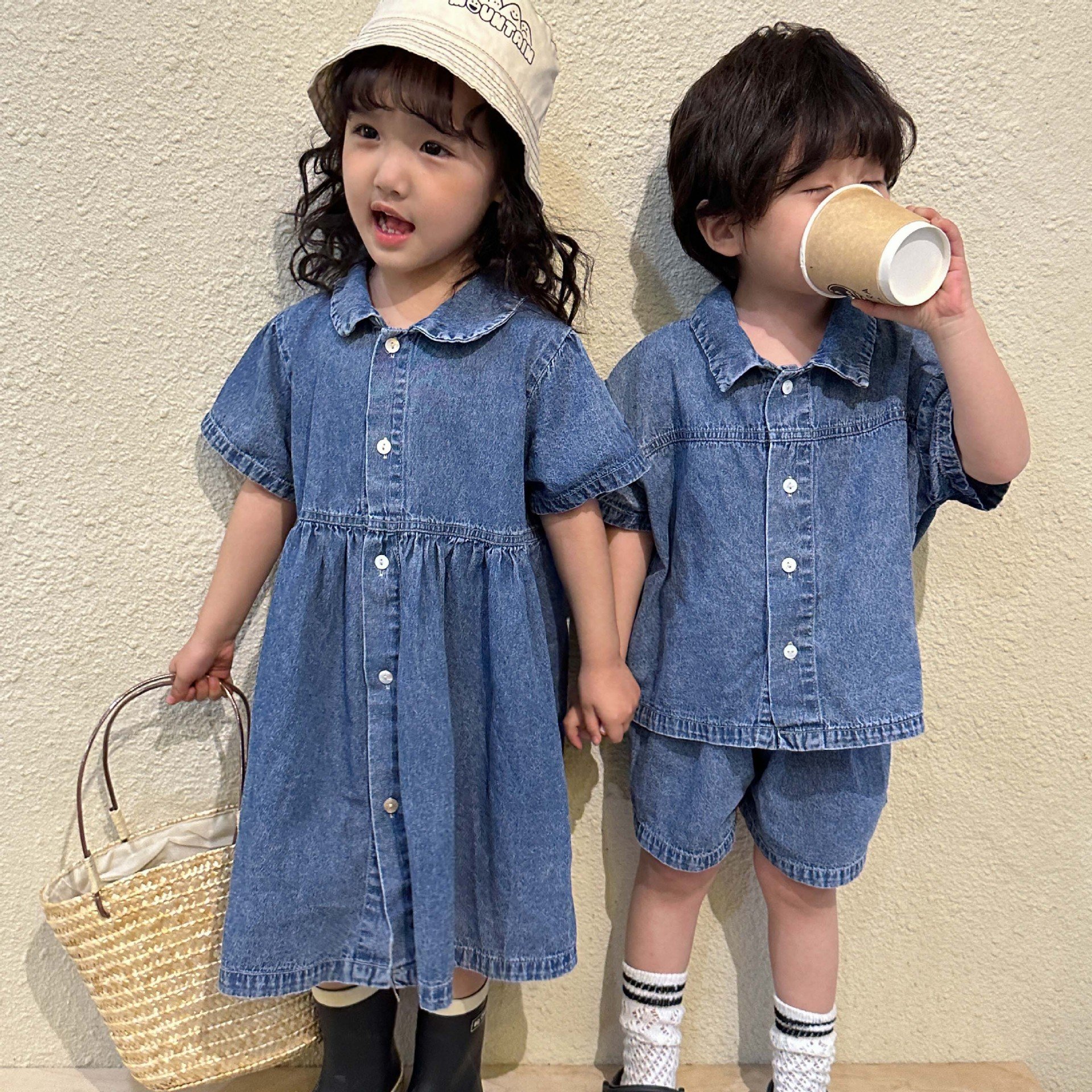 2024 summer baby boys and girls clothing sets short sleeve casual baby girl dress and boys denim fashion two piece suit lbc