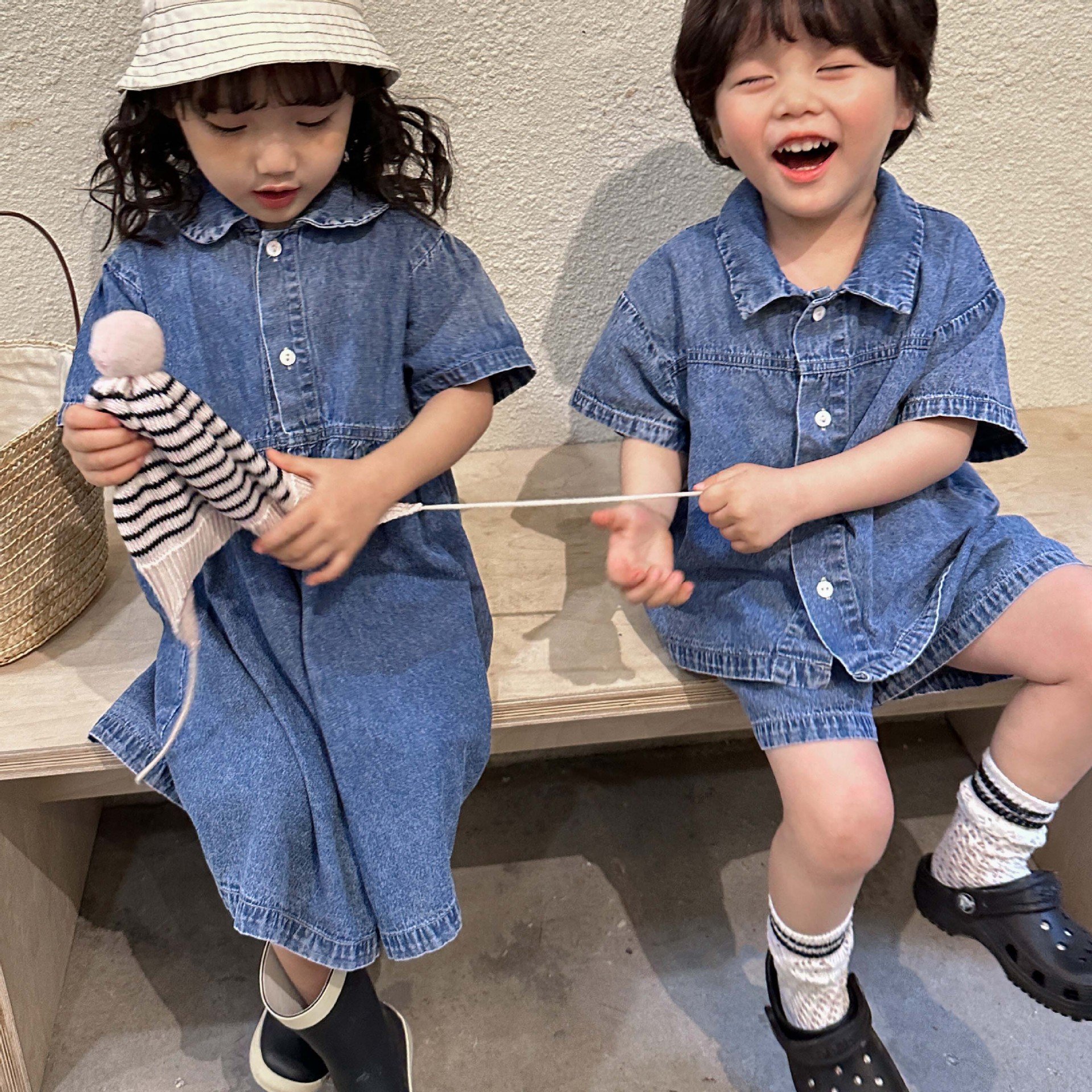 2024 summer baby boys and girls clothing sets short sleeve casual baby girl dress and boys denim fashion two piece suit lbc