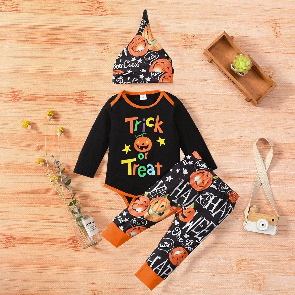 Halloween Cotton Romper Autumn Newborn Infant Toddler Boys Girls children Clothing Long Sleeve Hooded Baby Jumpsuit hat set
