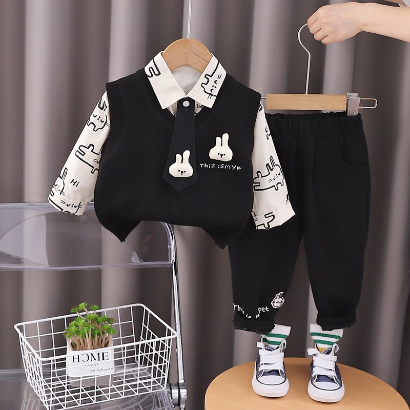 High Quality Korean Preppy Style Girls Clothing Set Spring Autumn Casual-Includes Shirt Vest Pants Tie Cartoon 3D Rabbit Pattern