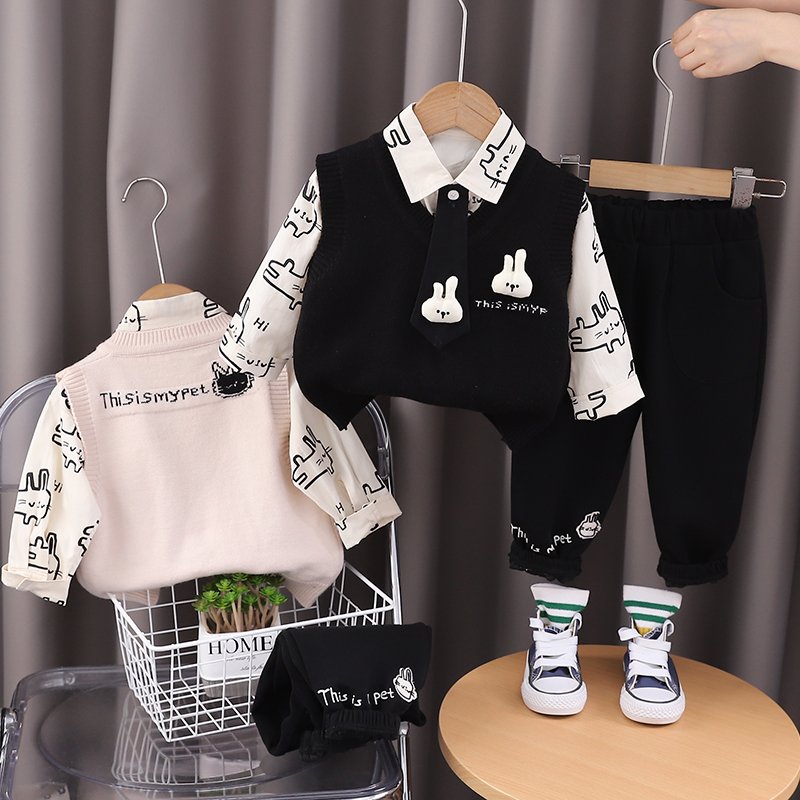High Quality Korean Preppy Style Girls Clothing Set Spring Autumn Casual-Includes Shirt Vest Pants Tie Cartoon 3D Rabbit Pattern