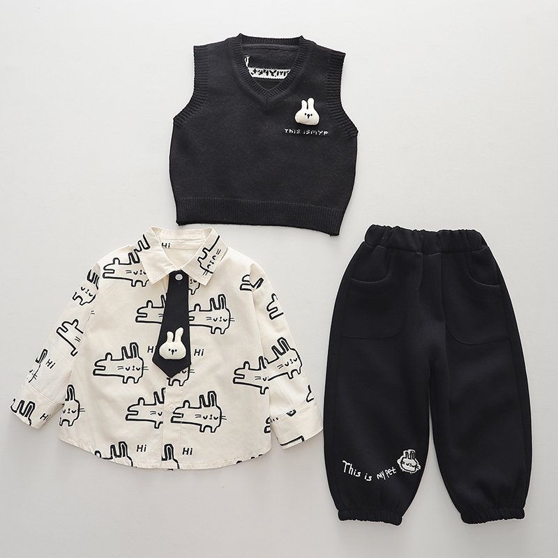 High Quality Korean Preppy Style Girls Clothing Set Spring Autumn Casual-Includes Shirt Vest Pants Tie Cartoon 3D Rabbit Pattern