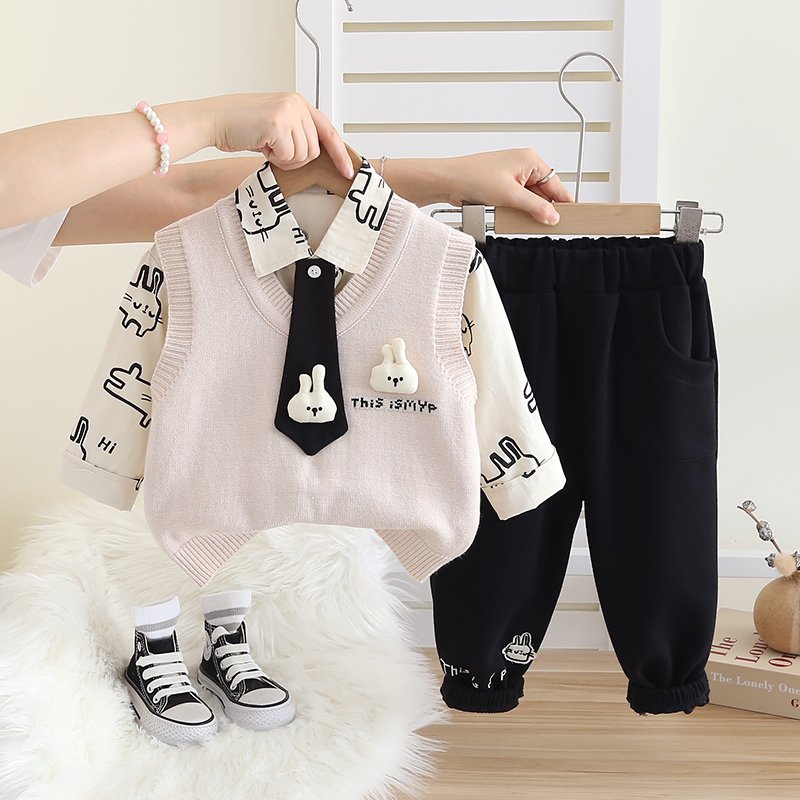 High Quality Korean Preppy Style Girls Clothing Set Spring Autumn Casual-Includes Shirt Vest Pants Tie Cartoon 3D Rabbit Pattern