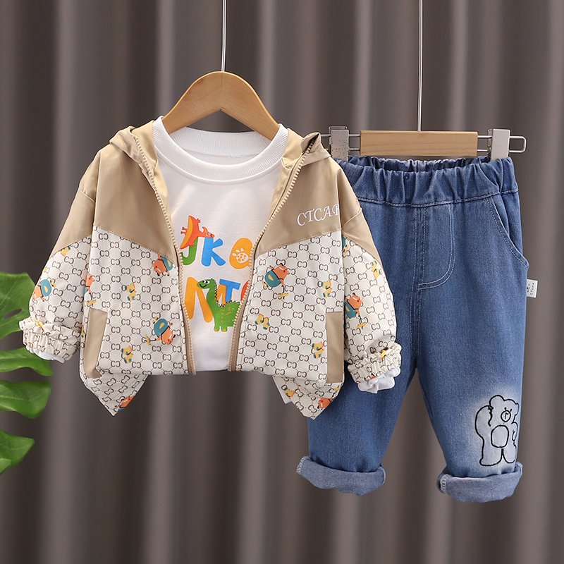 Autumn New Style Toddler Boy Clothing Set Casual Zip-Up Jacket with Bear Full Print and Plaid Long Sleeves and Denim Pants