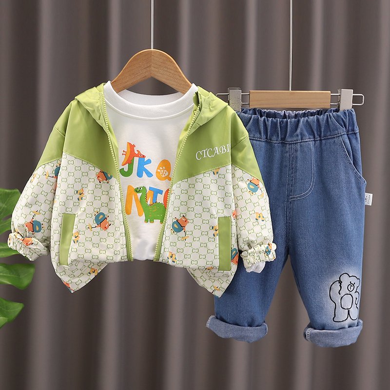 Autumn New Style Toddler Boy Clothing Set Casual Zip-Up Jacket with Bear Full Print and Plaid Long Sleeves and Denim Pants