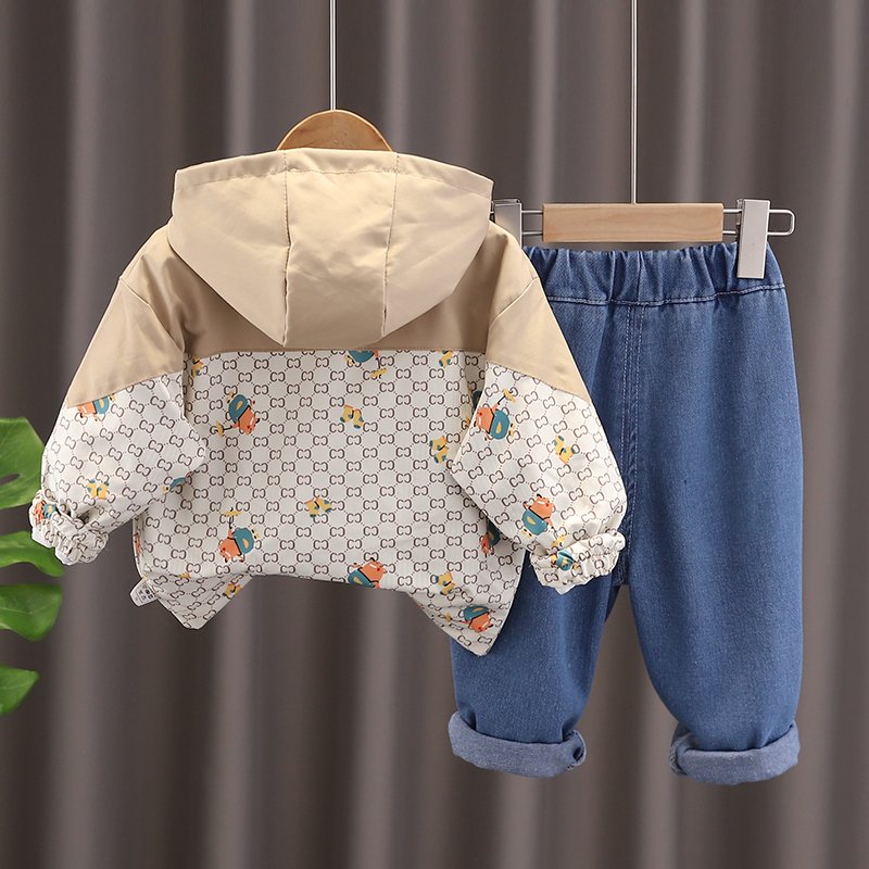 Autumn New Style Toddler Boy Clothing Set Casual Zip-Up Jacket with Bear Full Print and Plaid Long Sleeves and Denim Pants